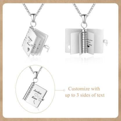 Personalized Steel Petite Book Locket Necklace Custom Message Pendant Charm Perfect Gift for Her | Jessemade