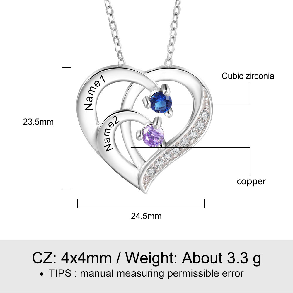 Personalised Heart Necklace with Custom 2 Names & 2 Birthstones - Women's Pendant Christmas Gift for Mum/Nan | Jessemade
