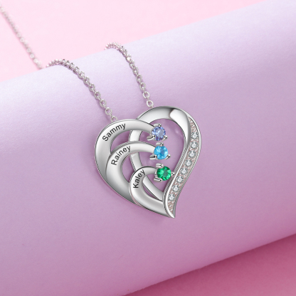 Personalised Heart Necklace with Custom 3 Names & 3 Birthstones - Women's Pendant Christmas Gift for Mum/Nan | Jessemade