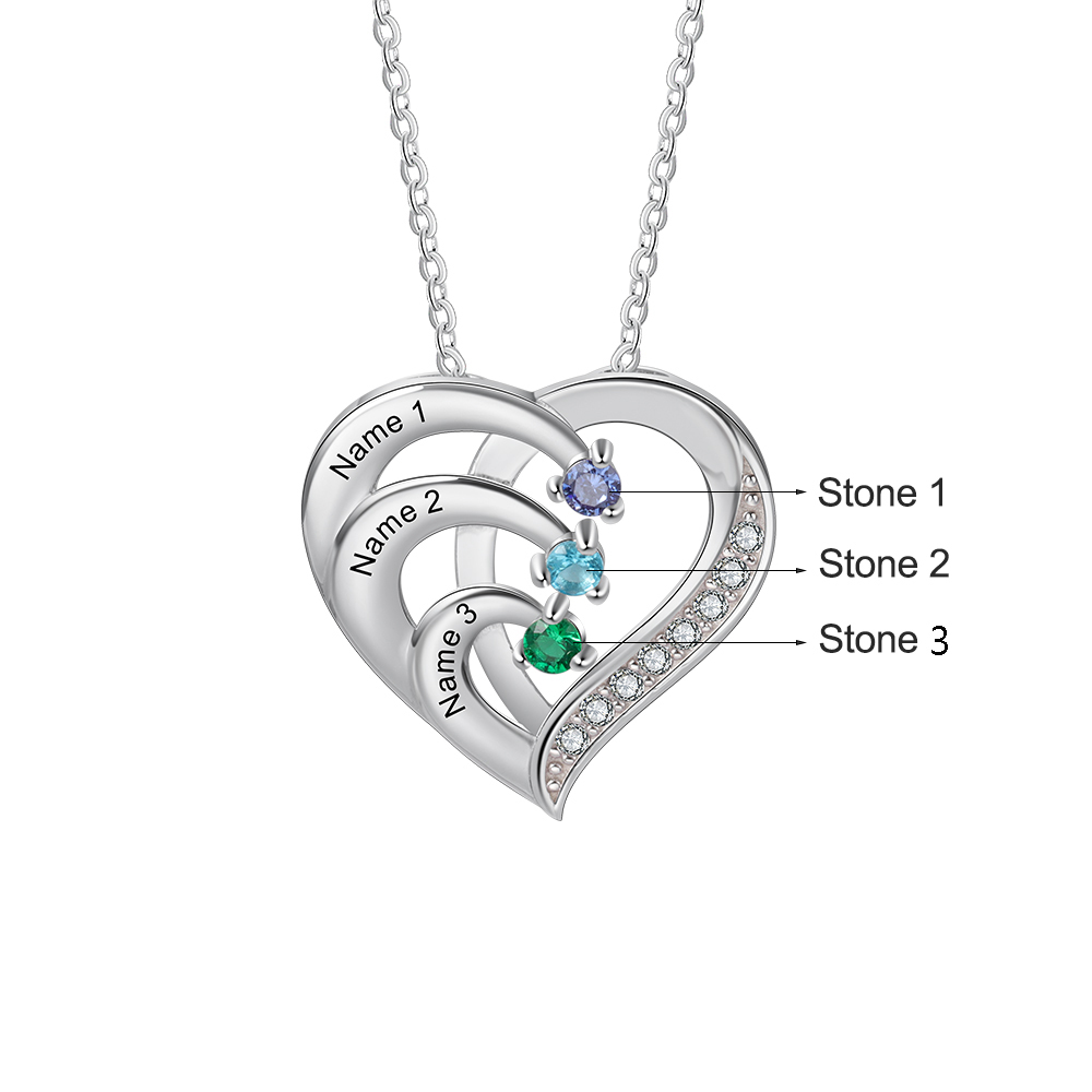 Personalised Heart Necklace with Custom 3 Names & 3 Birthstones - Women's Pendant Christmas Gift for Mum/Nan | Jessemade