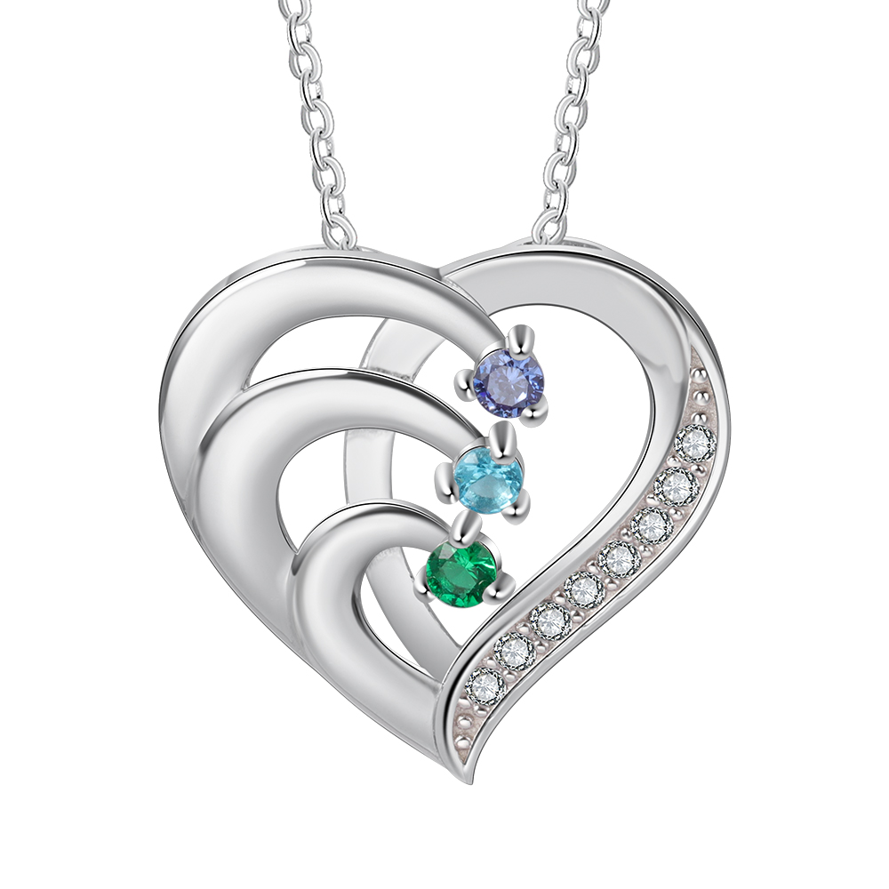 Personalised Heart Necklace with Custom 3 Names & 3 Birthstones - Women's Pendant Christmas Gift for Mum/Nan | Jessemade