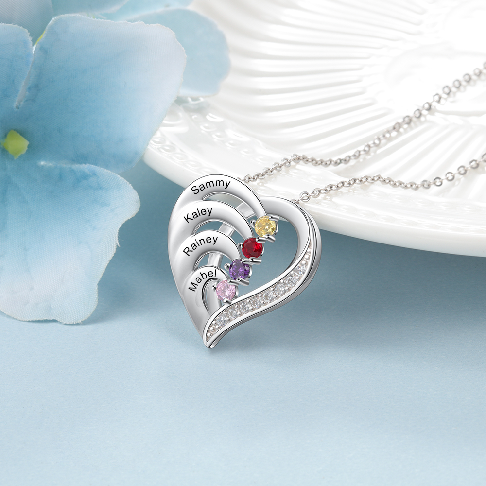 Personalised Heart Necklace with Custom 4 Names & 4 Birthstones - Women's Pendant Christmas Gift for Mum/Nan | Jessemade