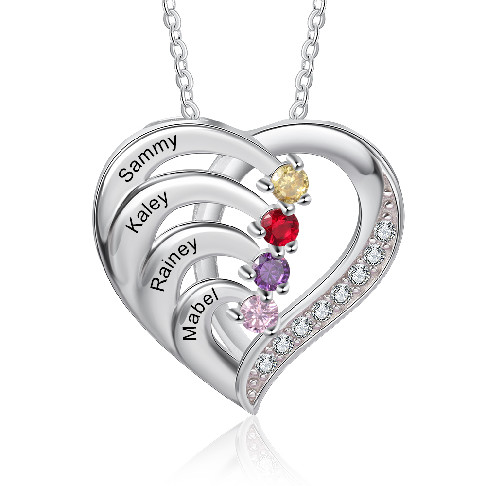 Personalised Heart Necklace with Custom 4 Names & 4 Birthstones - Women's Pendant Christmas Gift for Mum/Nan | Jessemade