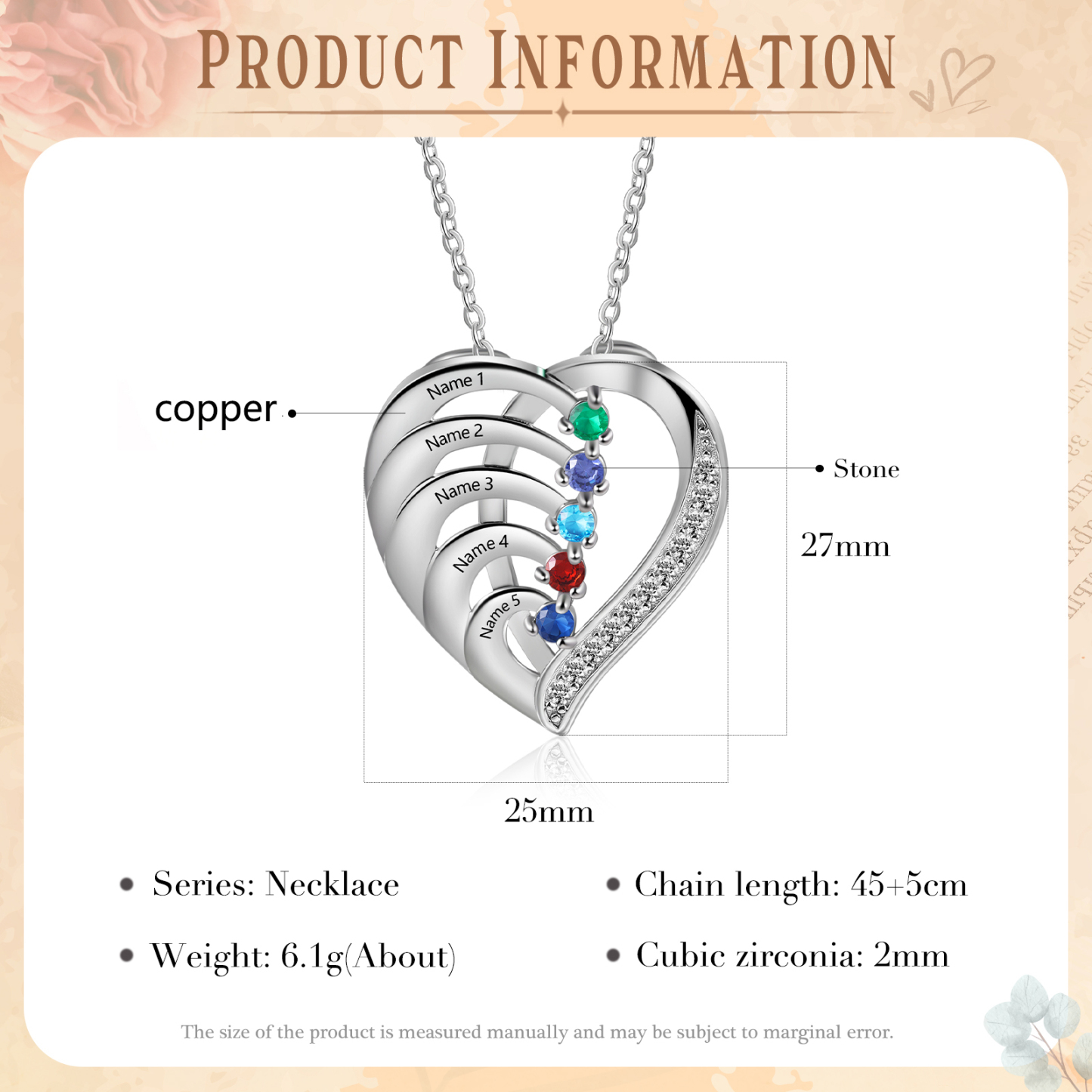 Personalised Heart Necklace with Custom 5 Names & 5 Birthstones - Women's Pendant Christmas Gift for Mum/Nan | Jessemade
