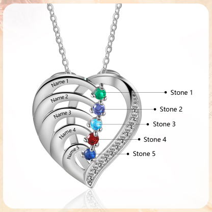 Personalised Heart Necklace with Custom 5 Names & 5 Birthstones - Women's Pendant Christmas Gift for Mum/Nan | Jessemade
