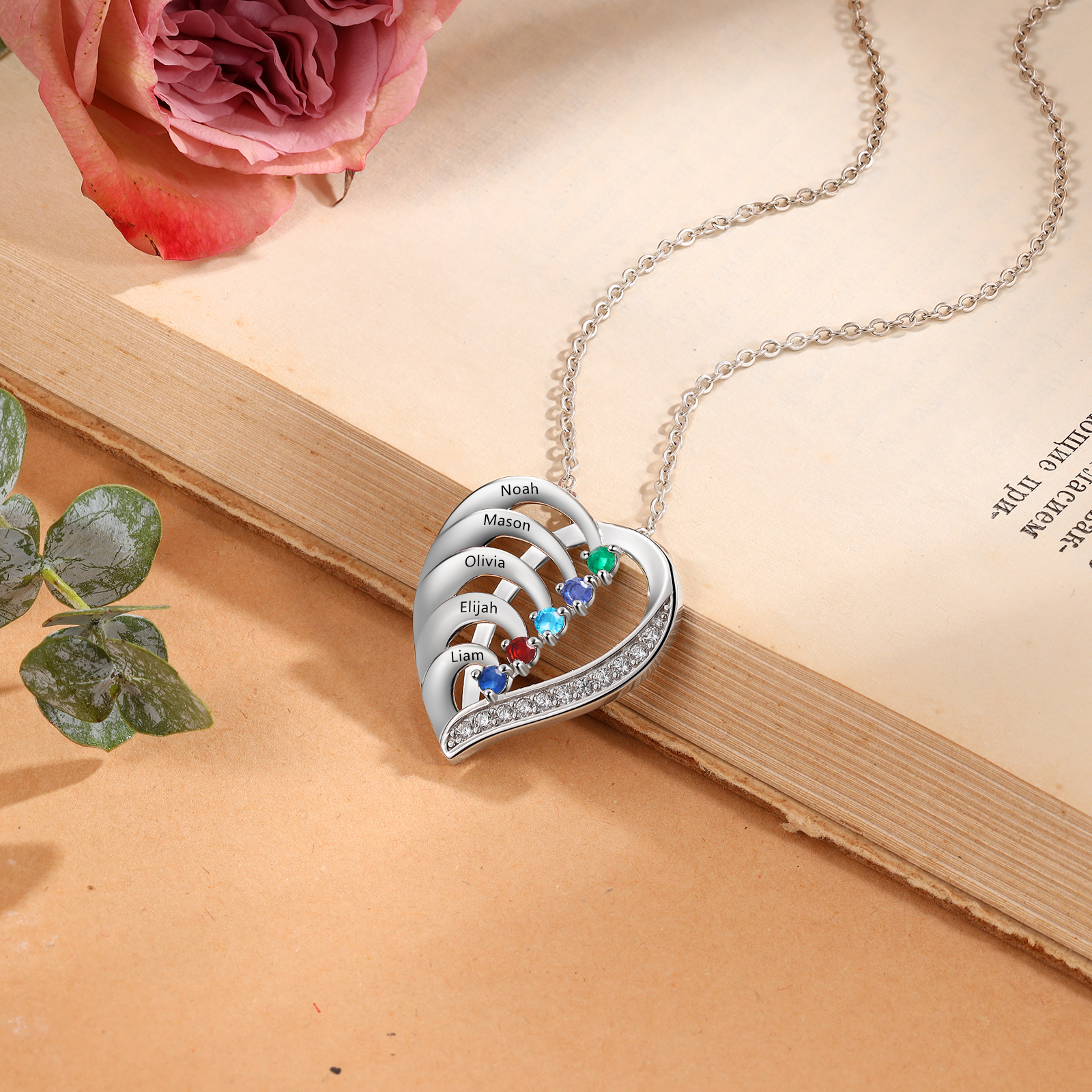 Personalised Heart Necklace with Custom 5 Names & 5 Birthstones - Women's Pendant Christmas Gift for Mum/Nan | Jessemade