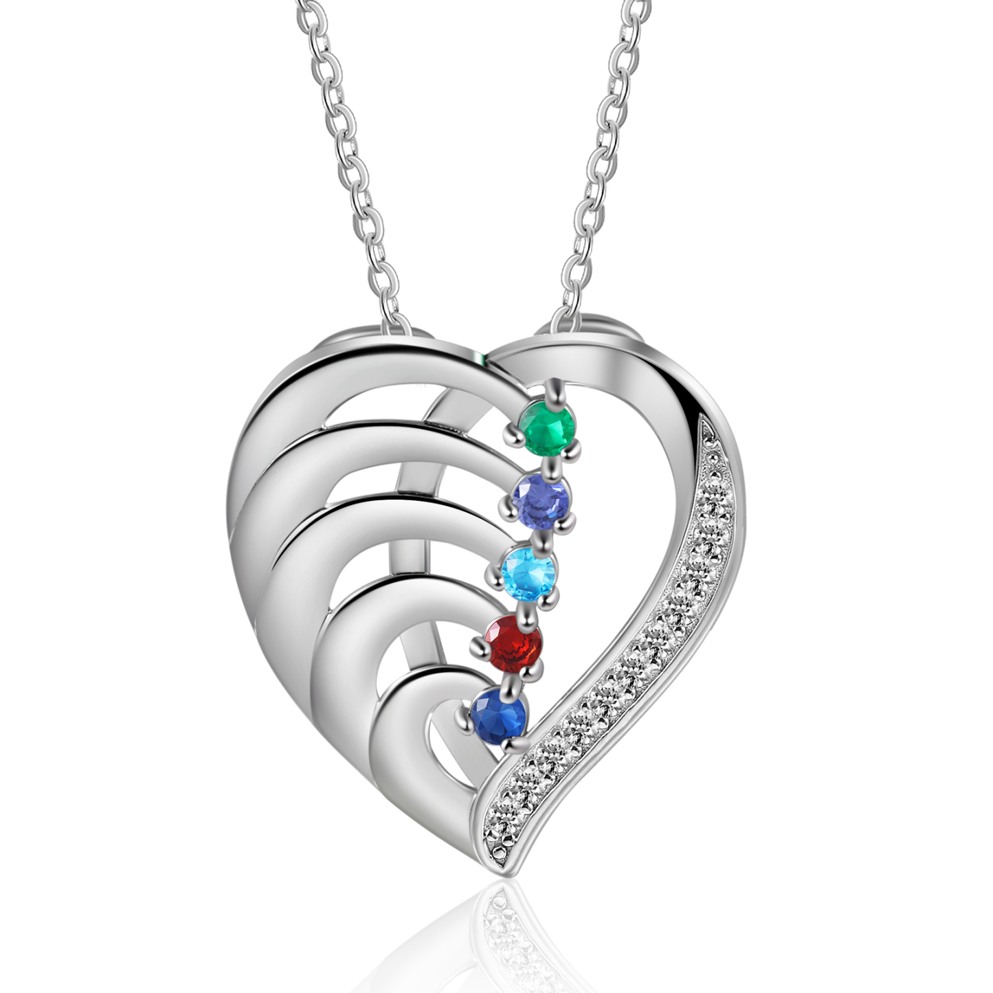Personalised Heart Necklace with Custom 5 Names & 5 Birthstones - Women's Pendant Christmas Gift for Mum/Nan | Jessemade