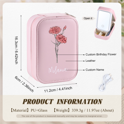 Personalized Birth Flower Portable Leather Jewelry Box with Name and LED Three Color Adjustable Makeup Mirror Travel Essential | Jessemade