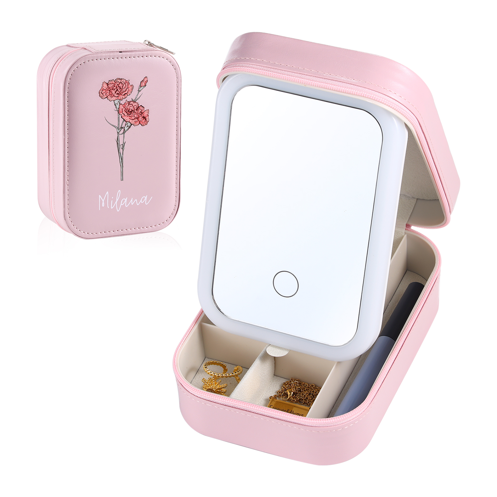 Personalized Birth Flower Portable Leather Jewelry Box with Name and LED Three Color Adjustable Makeup Mirror Travel Essential | Jessemade