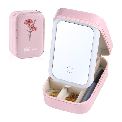 Personalized Birth Flower Portable Leather Jewelry Box with Name and LED Three Color Adjustable Makeup Mirror Travel Essential | Jessemade