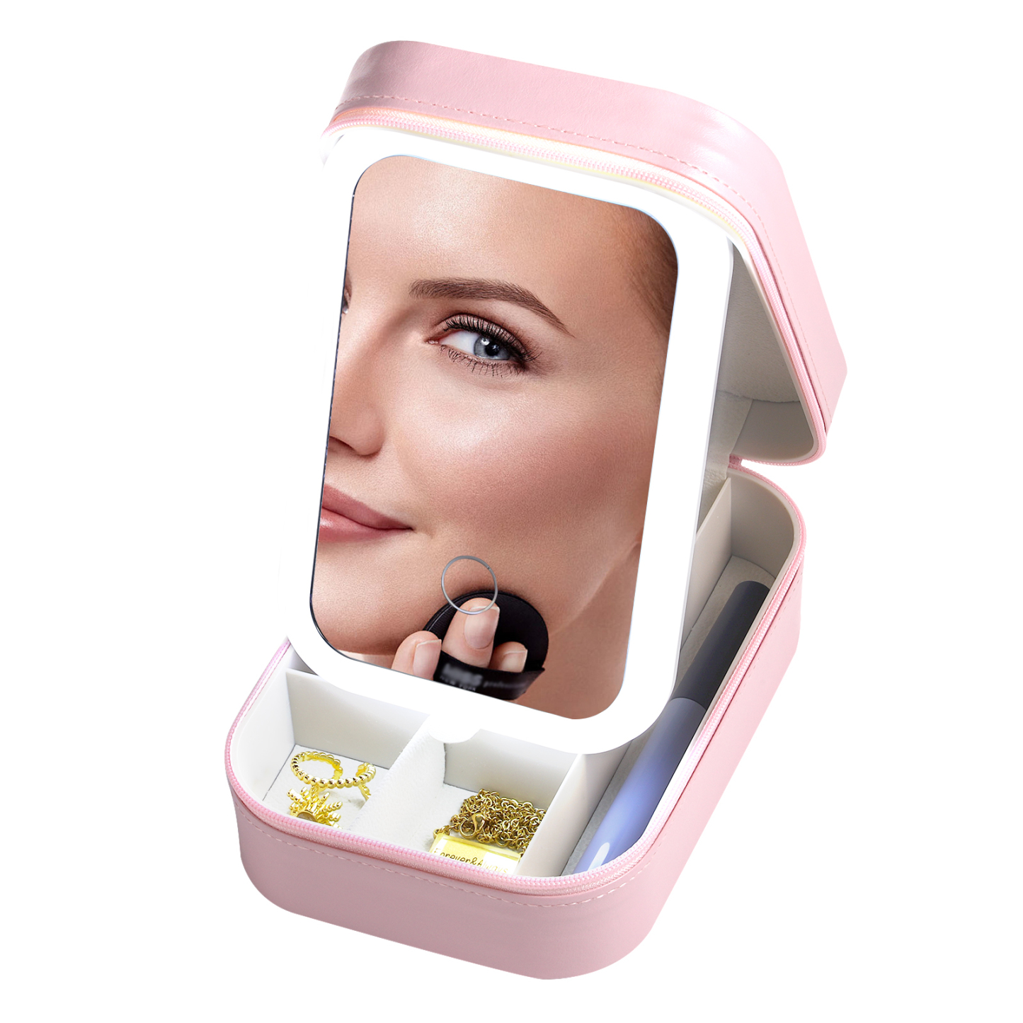 Personalized Birth Flower Portable Leather Jewelry Box with Name and LED Three Color Adjustable Makeup Mirror Travel Essential | Jessemade