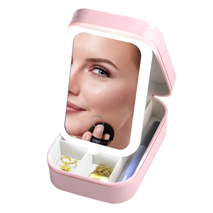 Personalized Birth Flower Portable Leather Jewelry Box with Name and LED Three Color Adjustable Makeup Mirror Travel Essential | Jessemade