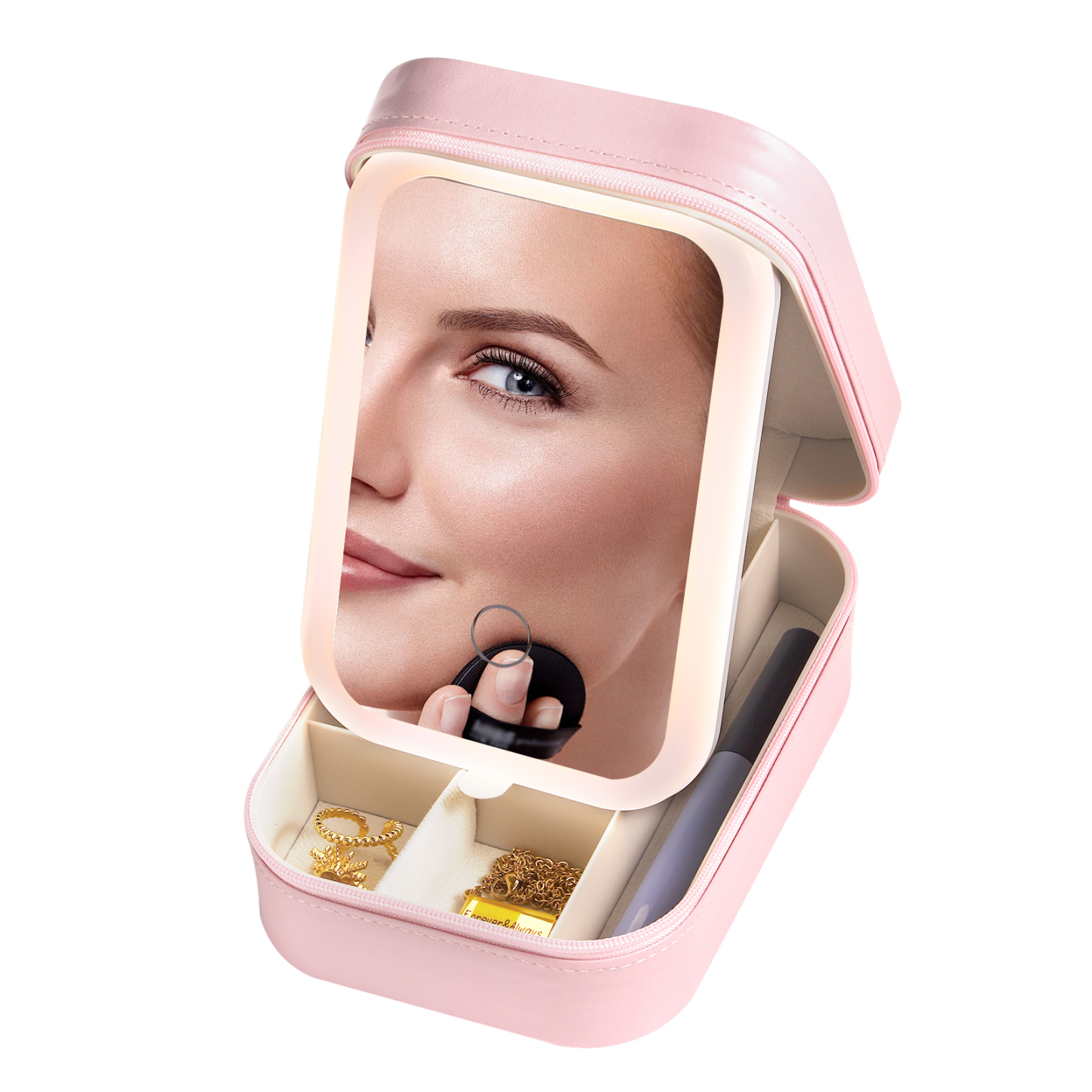 Personalized Birth Flower Portable Leather Jewelry Box with Name and LED Three Color Adjustable Makeup Mirror Travel Essential | Jessemade