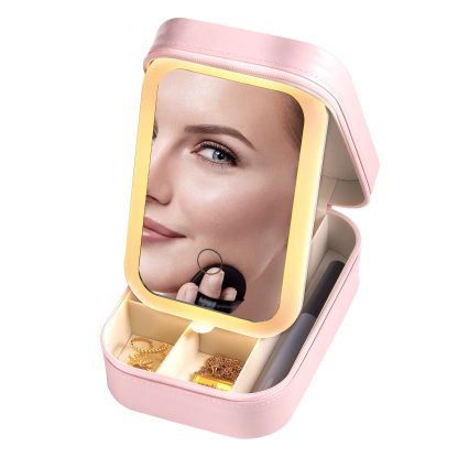 Personalized Birth Flower Portable Leather Jewelry Box with Name and LED Three Color Adjustable Makeup Mirror Travel Essential | Jessemade