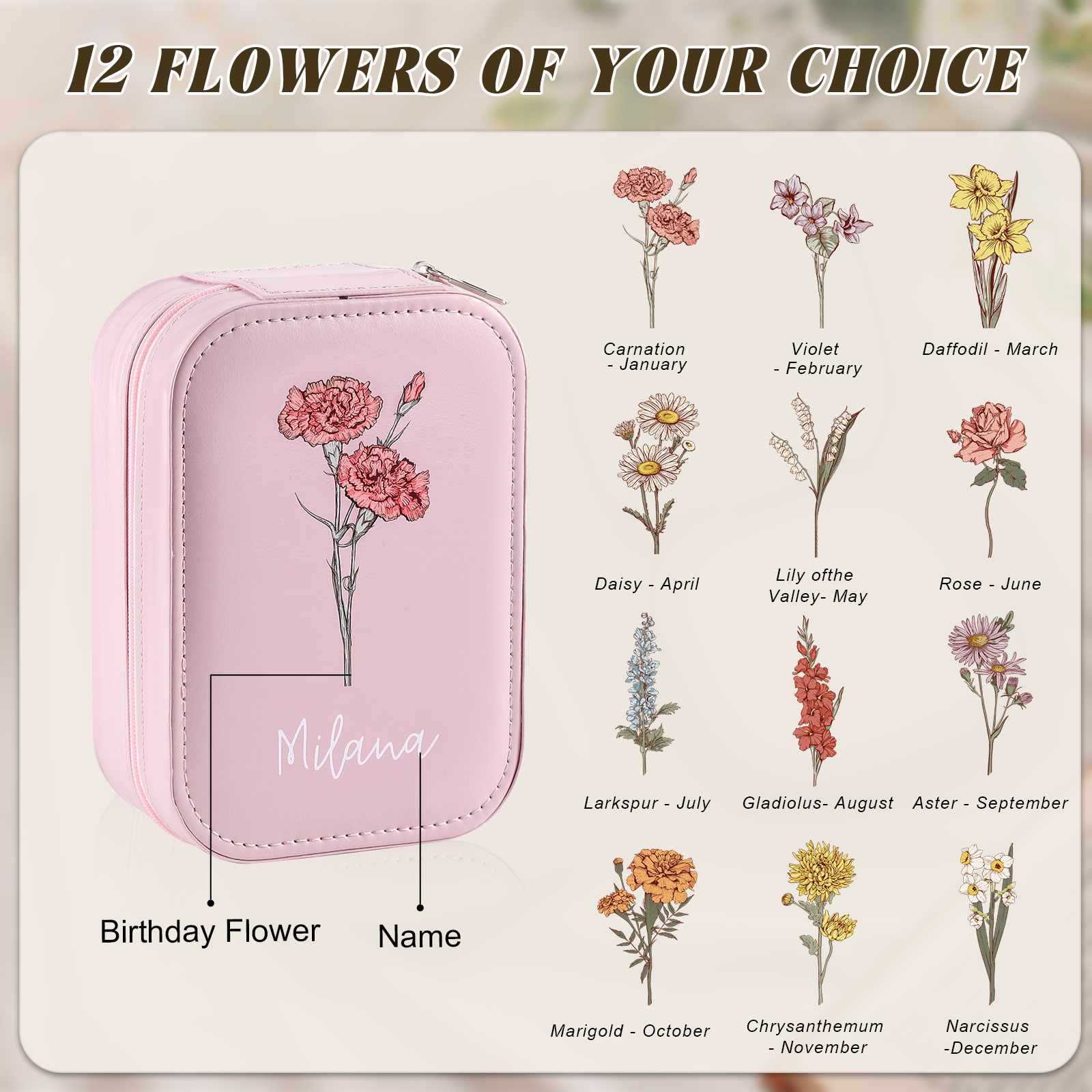 Personalized Birth Flower Portable Leather Jewelry Box with Name and LED Three Color Adjustable Makeup Mirror Travel Essential | Jessemade