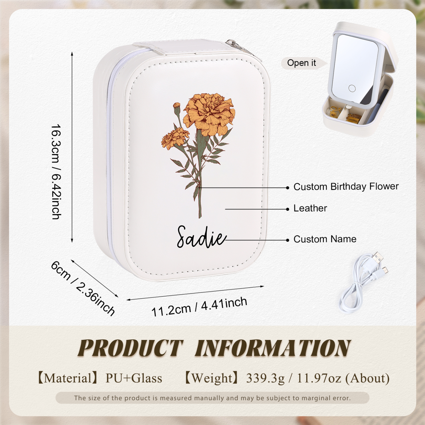 Personalized Birth Flower Portable Leather Jewelry Box with Name and LED Three Color Adjustable Makeup Mirror Travel Essential | Jessemade