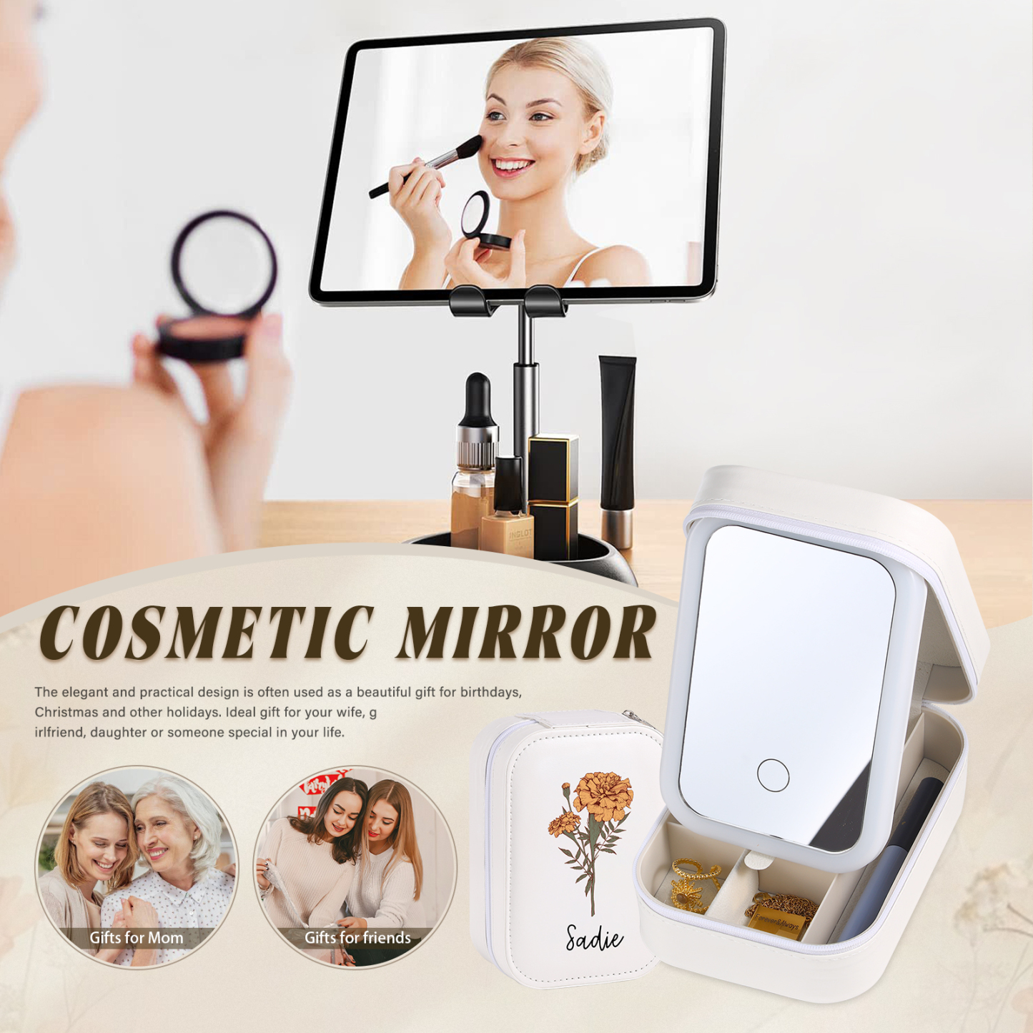 Personalized Birth Flower Portable Leather Jewelry Box with Name and LED Three Color Adjustable Makeup Mirror Travel Essential | Jessemade
