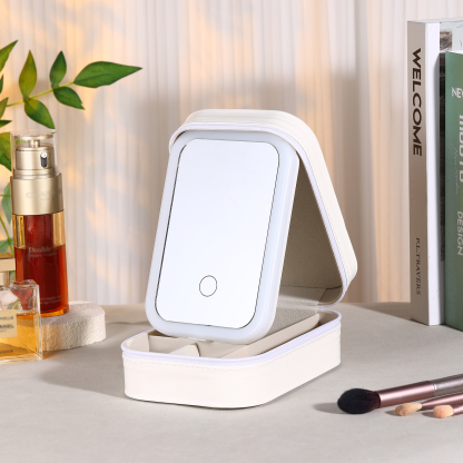 Personalized Birth Flower Portable Leather Jewelry Box with Name and LED Three Color Adjustable Makeup Mirror Travel Essential | Jessemade