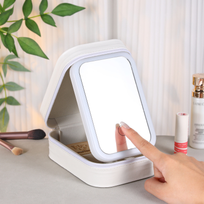 Personalized Birth Flower Portable Leather Jewelry Box with Name and LED Three Color Adjustable Makeup Mirror Travel Essential | Jessemade