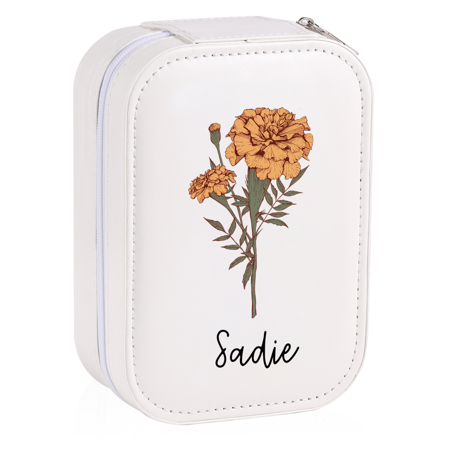 Personalized Birth Flower Portable Leather Jewelry Box with Name and LED Three Color Adjustable Makeup Mirror Travel Essential | Jessemade