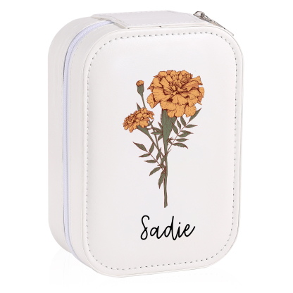 Personalized Birth Flower Portable Leather Jewelry Box with Name and LED Three Color Adjustable Makeup Mirror Travel Essential | Jessemade