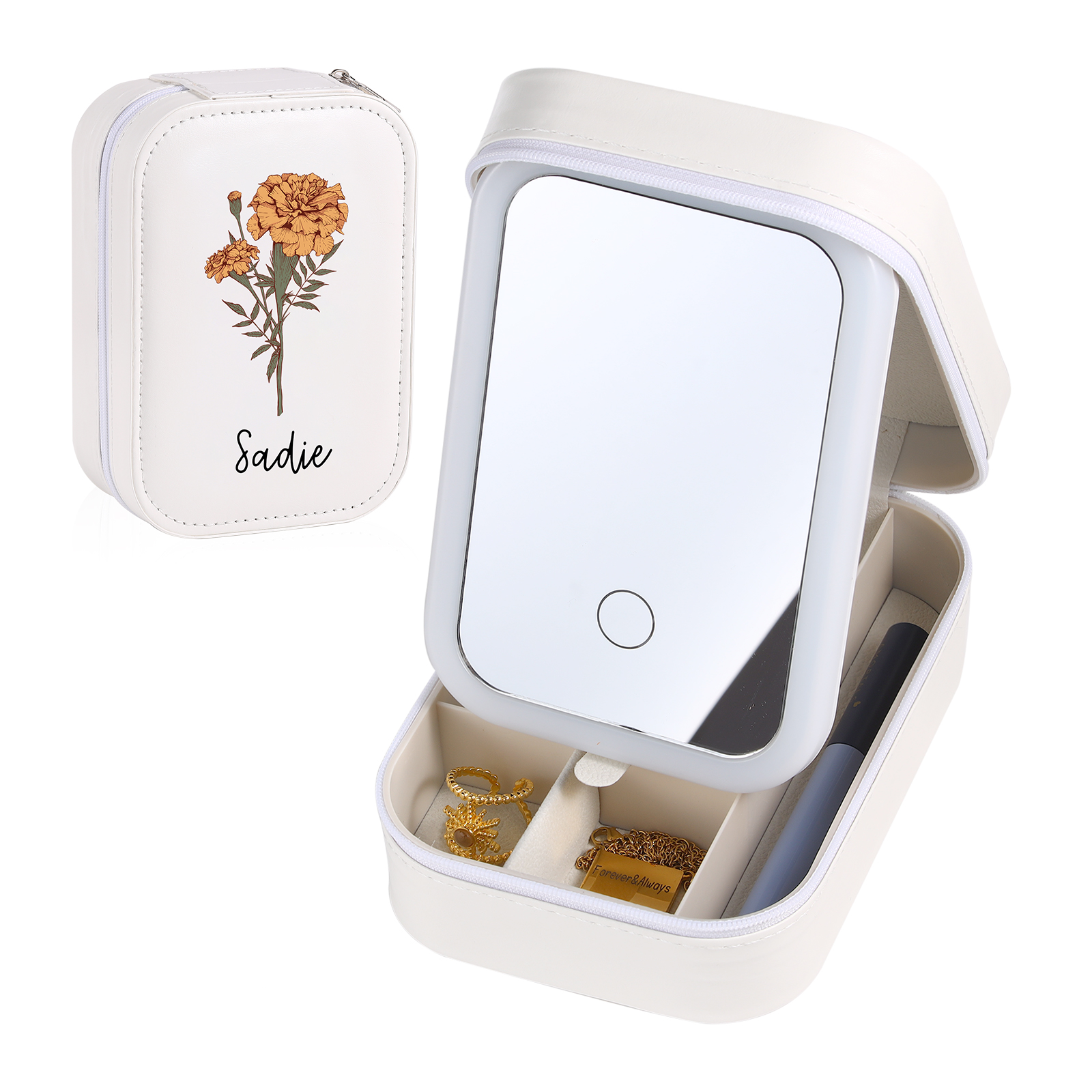 Personalized Birth Flower Portable Leather Jewelry Box with Name and LED Three Color Adjustable Makeup Mirror Travel Essential | Jessemade