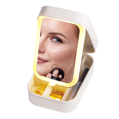 Personalized Birth Flower Portable Leather Jewelry Box with Name and LED Three Color Adjustable Makeup Mirror Travel Essential | Jessemade