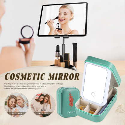 Personalized Birth Flower Portable Leather Jewelry Box with Name and LED Three Color Adjustable Makeup Mirror Travel Essential | Jessemade