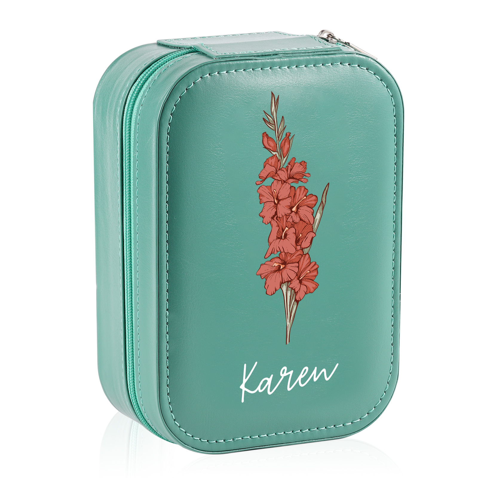 Personalized Birth Flower Portable Leather Jewelry Box with Name and LED Three Color Adjustable Makeup Mirror Travel Essential | Jessemade