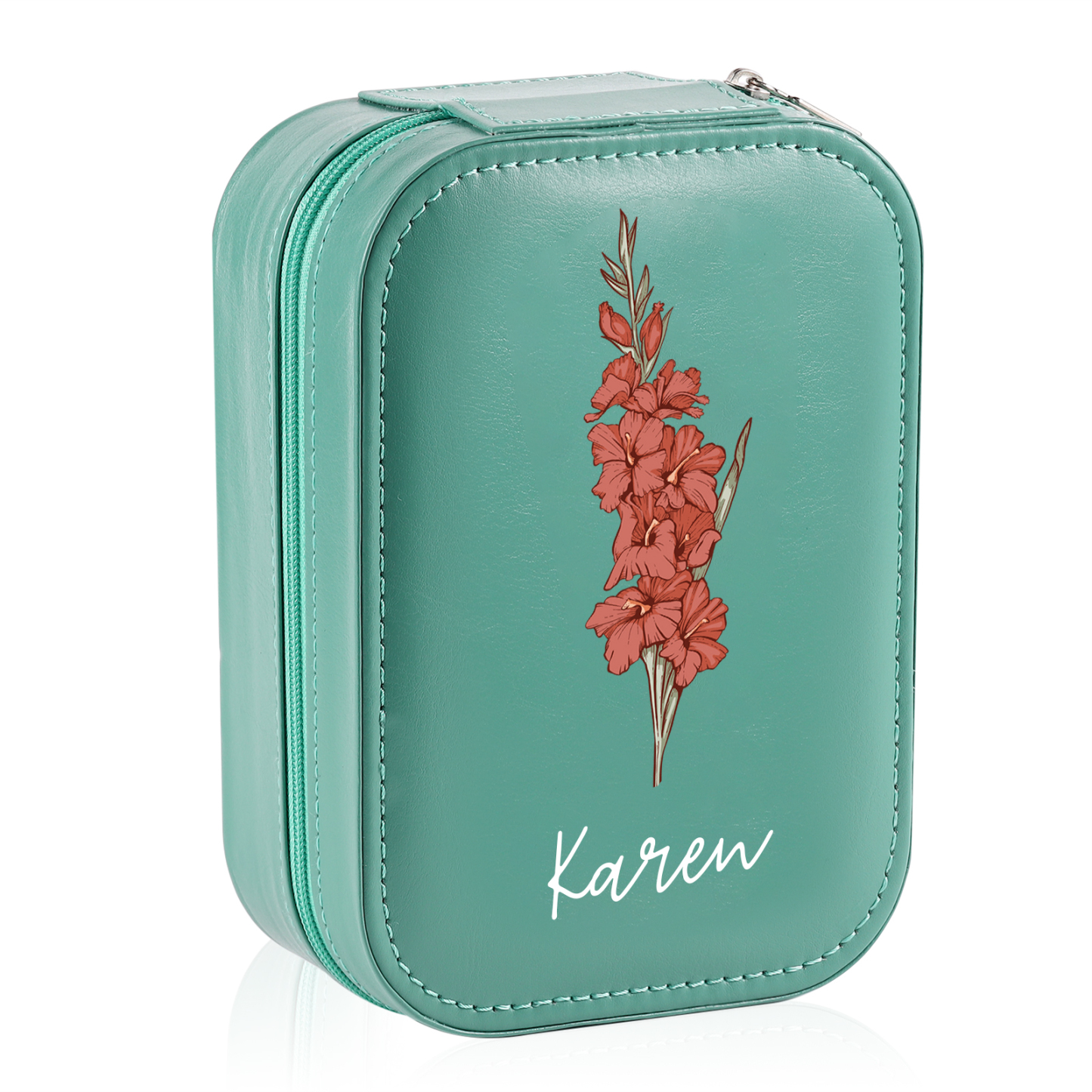 Personalized Birth Flower Portable Leather Jewelry Box with Name and LED Three Color Adjustable Makeup Mirror Travel Essential | Jessemade