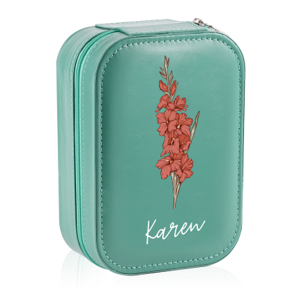 Personalized Birth Flower Portable Leather Jewelry Box with Name and LED Three Color Adjustable Makeup Mirror Travel Essential | Jessemade