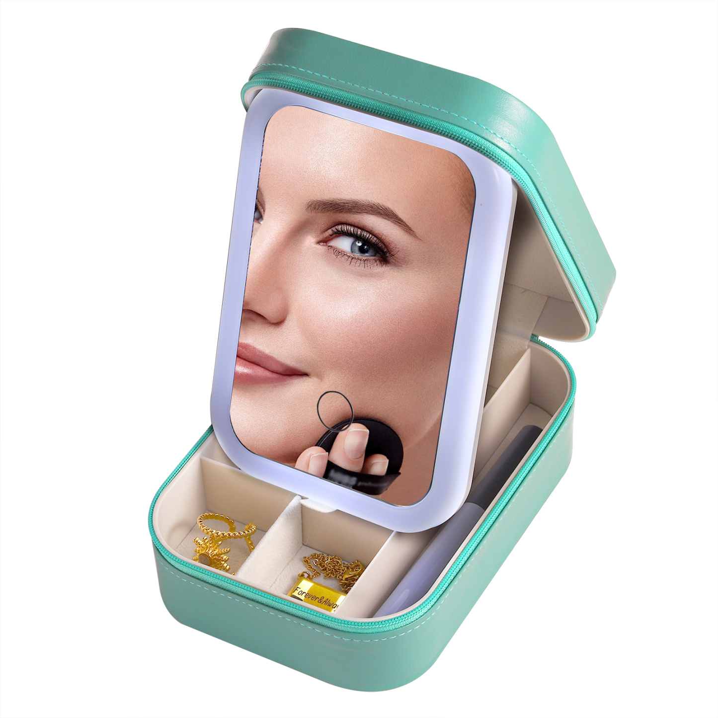 Personalized Birth Flower Portable Leather Jewelry Box with Name and LED Three Color Adjustable Makeup Mirror Travel Essential | Jessemade