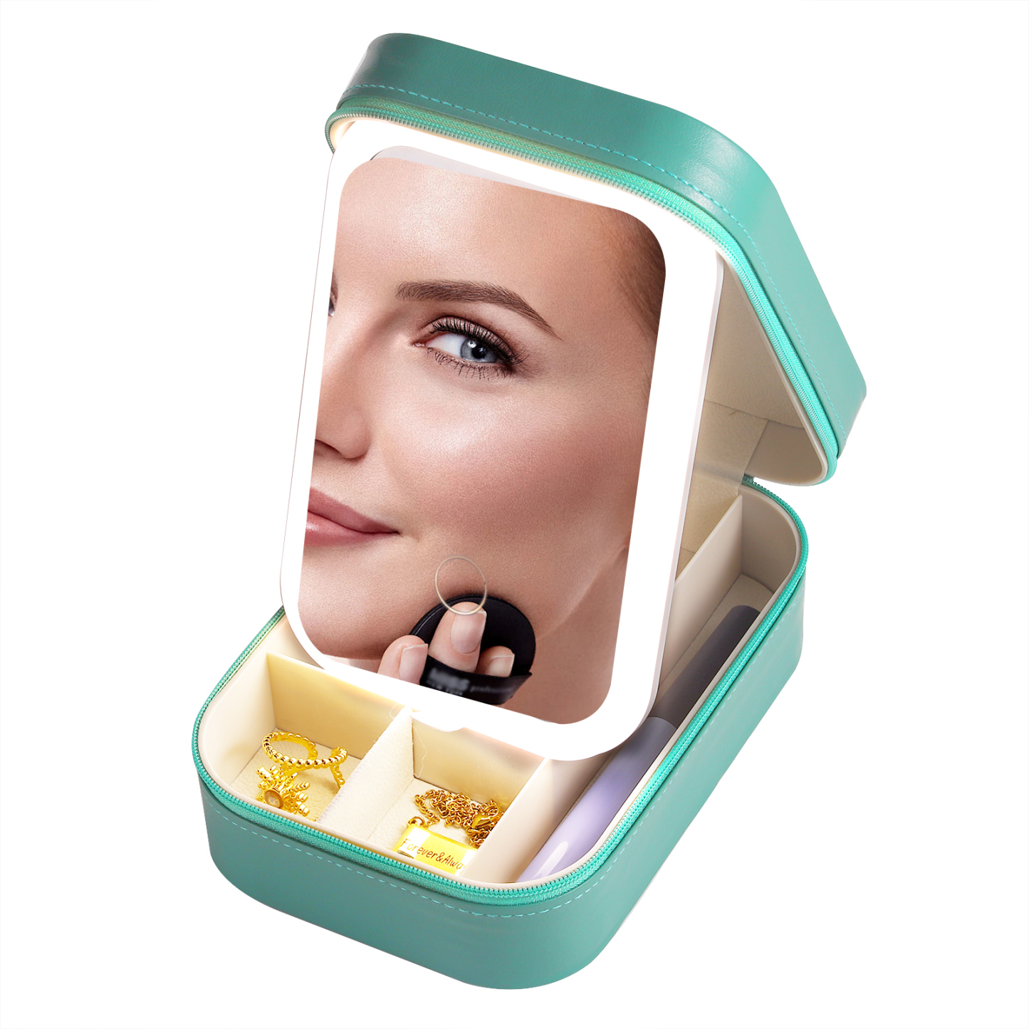 Personalized Birth Flower Portable Leather Jewelry Box with Name and LED Three Color Adjustable Makeup Mirror Travel Essential | Jessemade