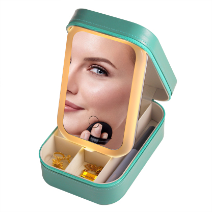 Personalized Birth Flower Portable Leather Jewelry Box with Name and LED Three Color Adjustable Makeup Mirror Travel Essential | Jessemade