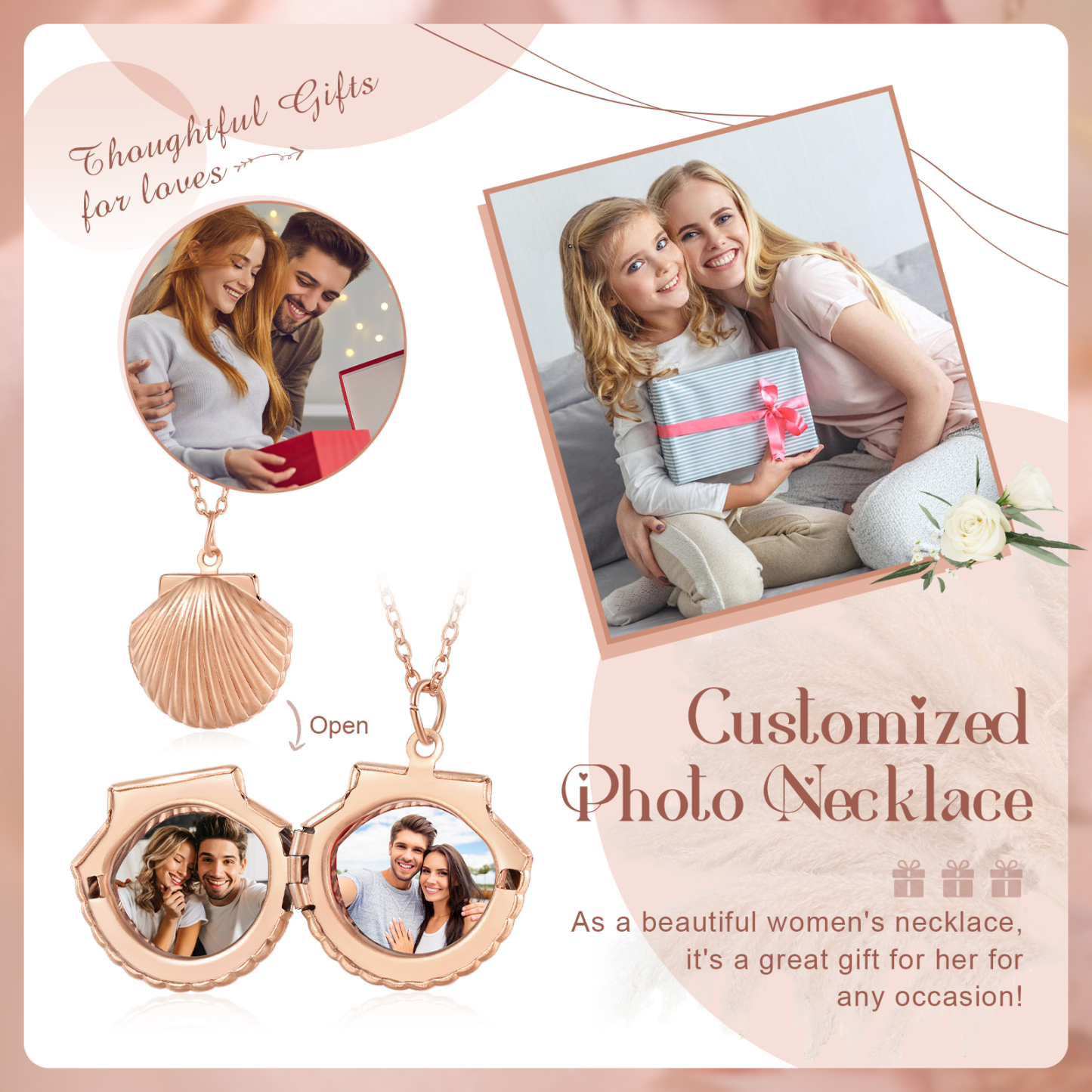 Personalised Women’s Seashell Locket Necklace – Customisable with 2 Photos, Available in Silver, Gold, and Rose Gold | Valentine’s Day Gift for Her | Jessemade