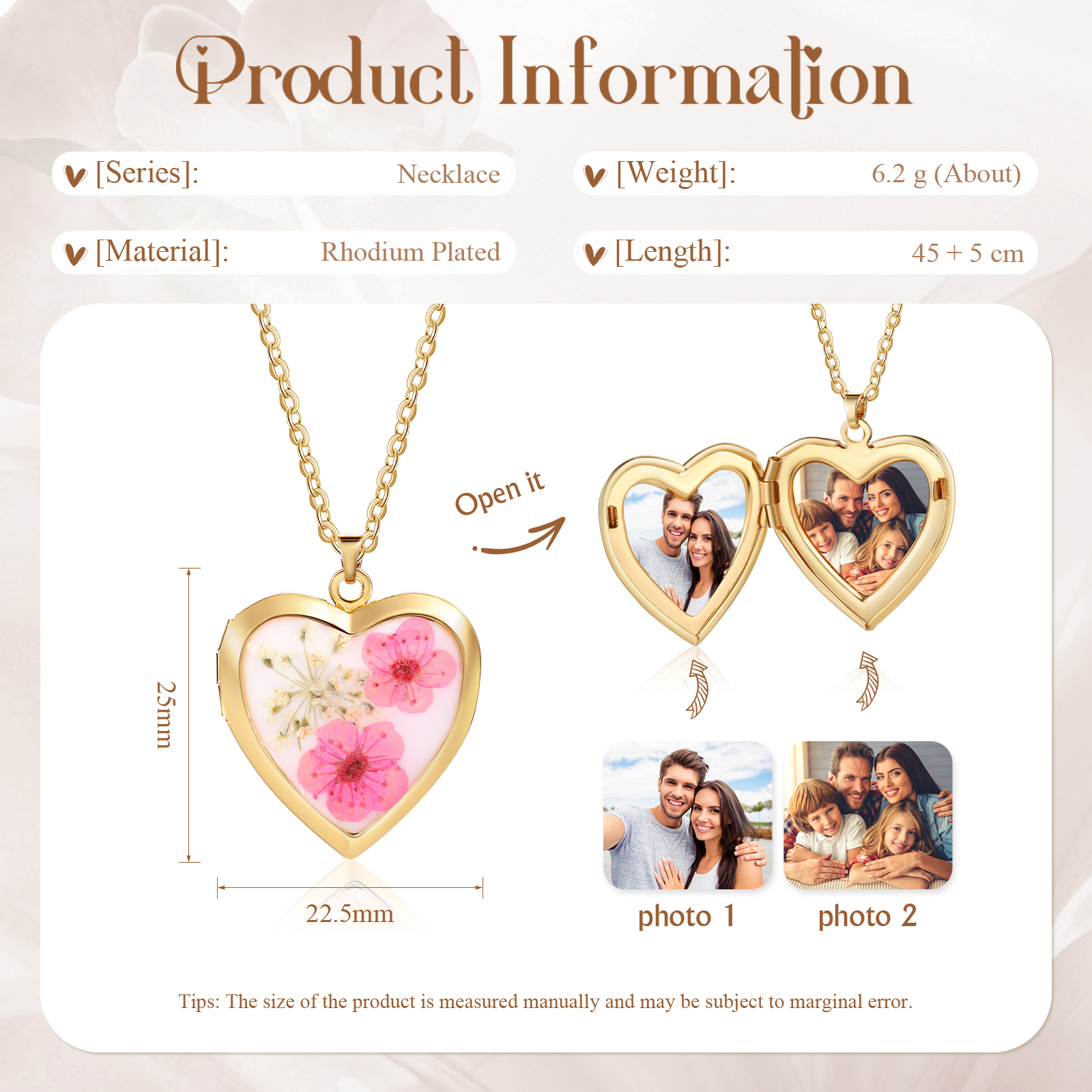 Personalised Women's Necklace – Heart-Shaped Pendant with Flowers & Custom 2 Photos – Available in Three Colors Gift for Her | Jessemade