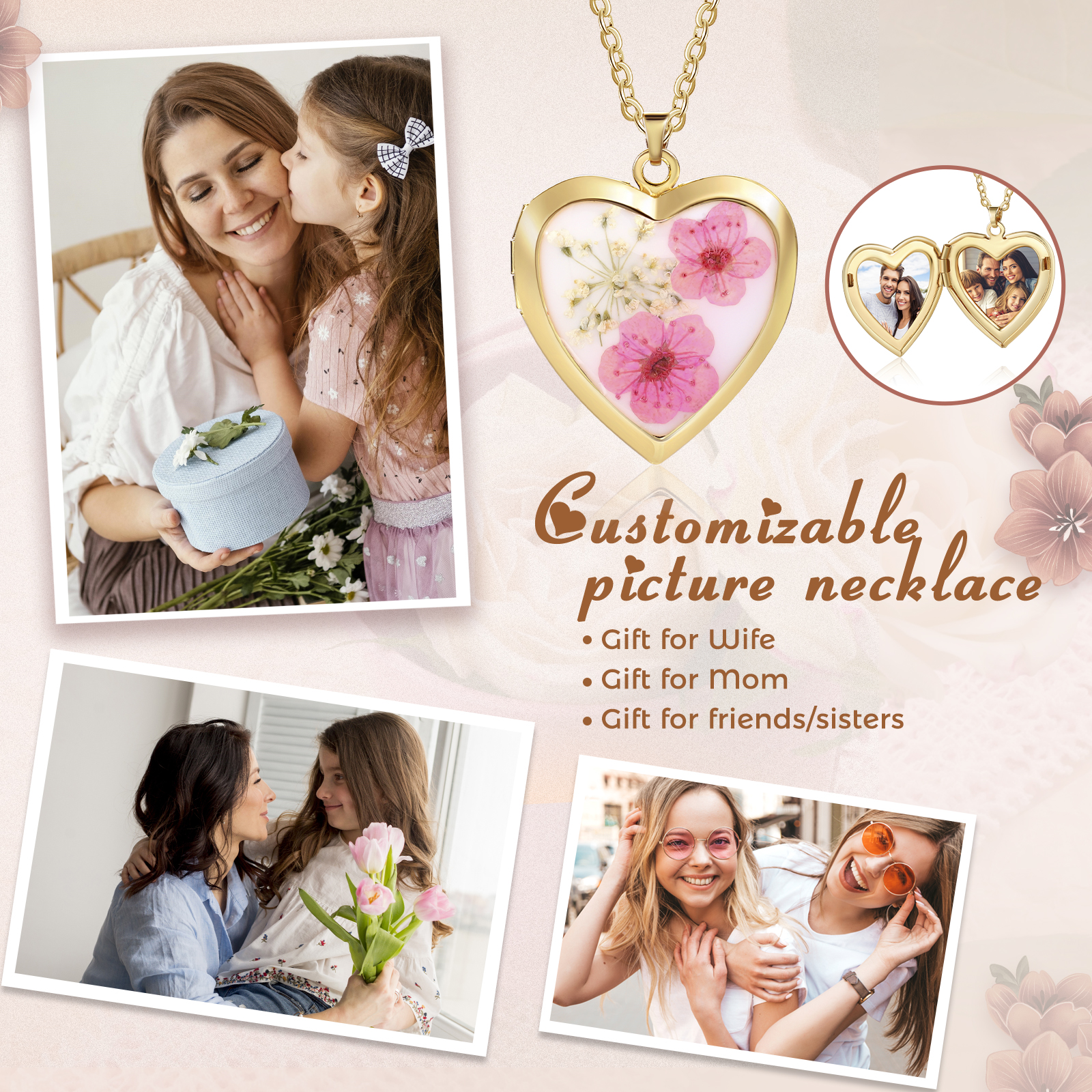 Personalised Women's Necklace – Heart-Shaped Pendant with Flowers & Custom 2 Photos – Available in Three Colors Gift for Her | Jessemade