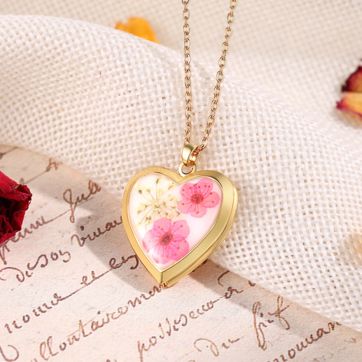 Personalised Women's Necklace – Heart-Shaped Pendant with Flowers & Custom 2 Photos – Available in Three Colors Gift for Her | Jessemade