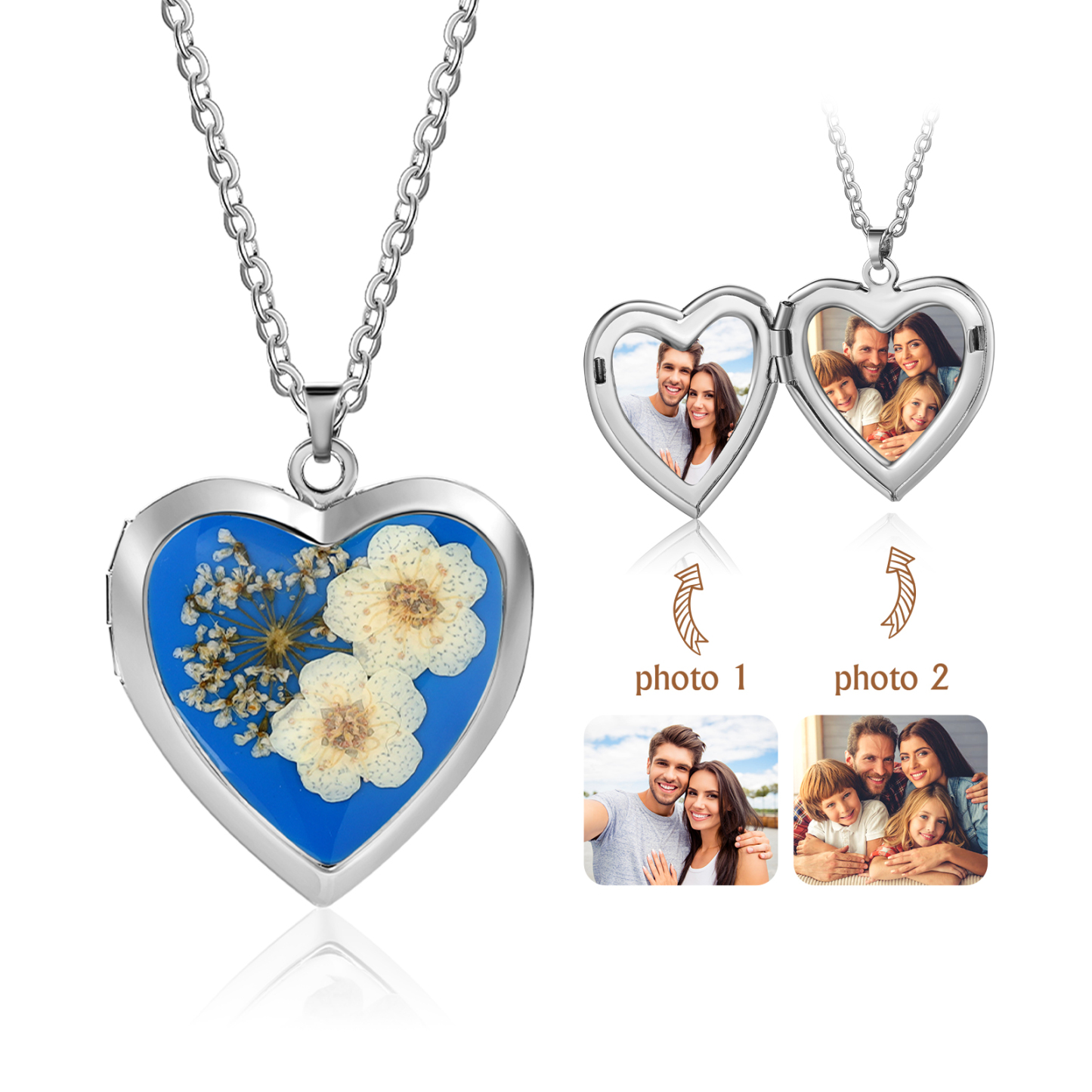 Personalised Women's Necklace – Heart-Shaped Pendant with Flowers & Custom 2 Photos – Available in Three Colors Gift for Her | Jessemade