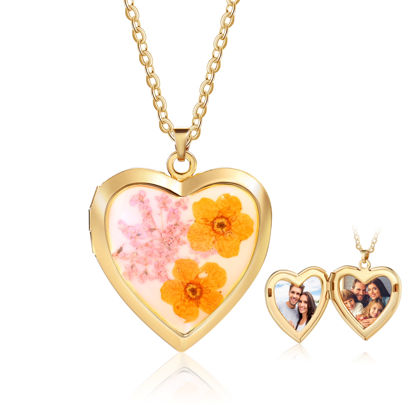 Personalised Women's Necklace – Heart-Shaped Pendant with Flowers & Custom 2 Photos – Available in Three Colors Gift for Her | Jessemade