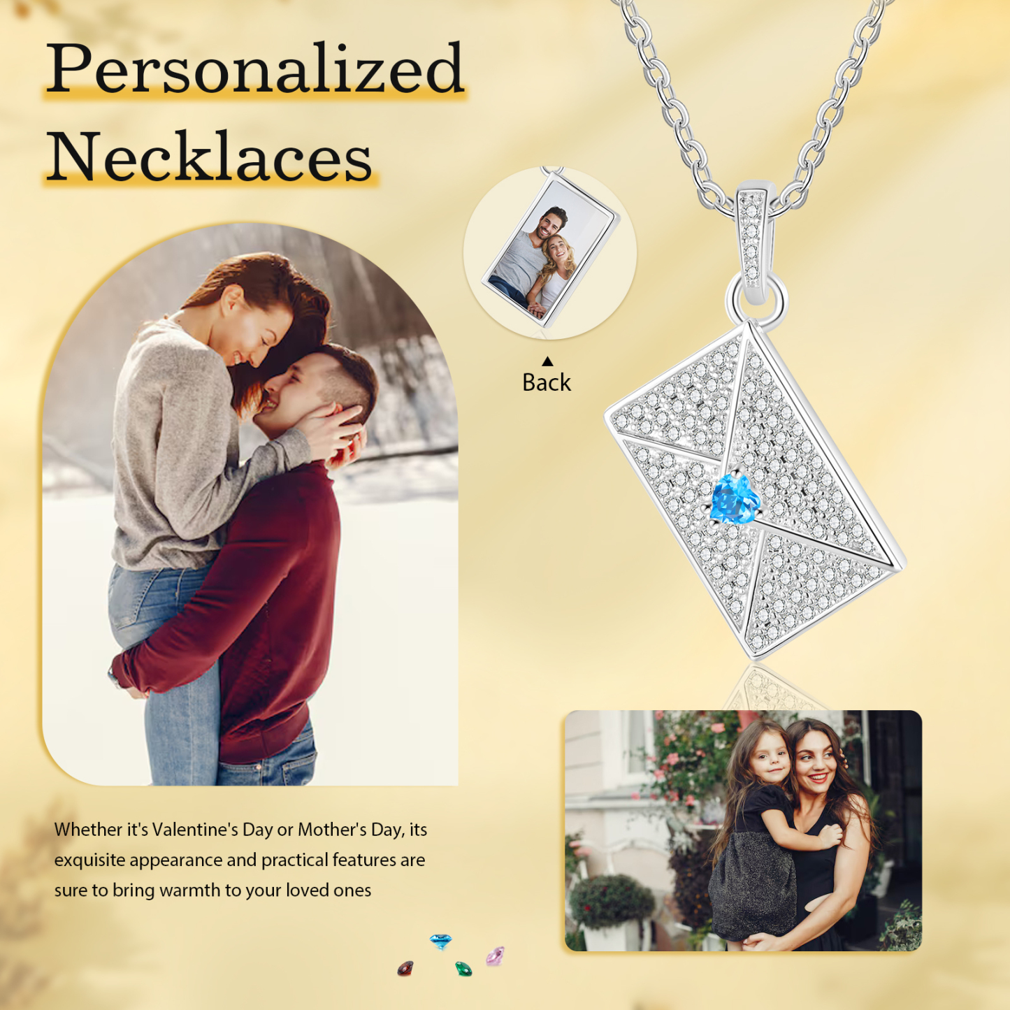 Personalised Envelope Pendant Necklace - Customised with 1 Photo & 1 Birthstone, Available in 4 Colours, Valentine’s Day Gift for Couple | Jessemade