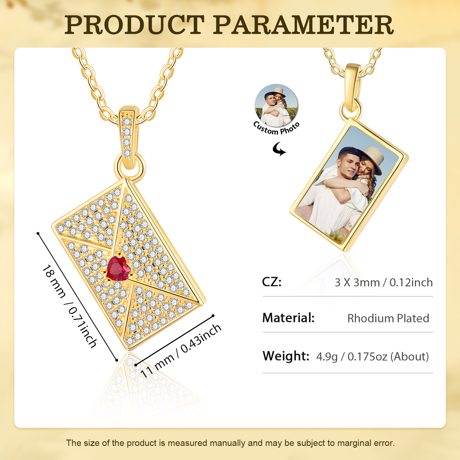 Personalised Envelope Pendant Necklace - Customised with 1 Photo & 1 Birthstone, Available in 4 Colours, Valentine’s Day Gift for Couple | Jessemade