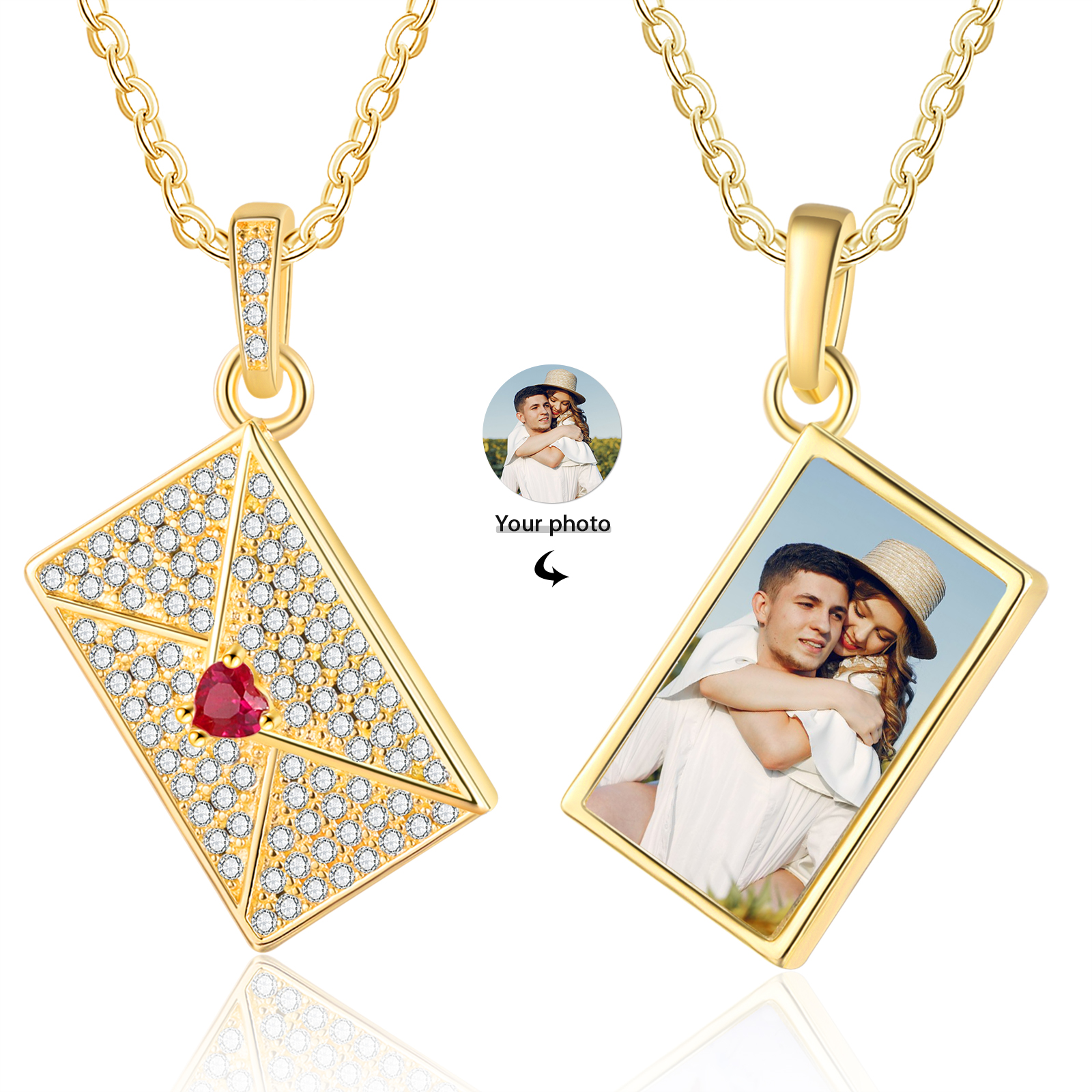 Personalised Envelope Pendant Necklace - Customised with 1 Photo & 1 Birthstone, Available in 4 Colours, Valentine’s Day Gift for Couple | Jessemade