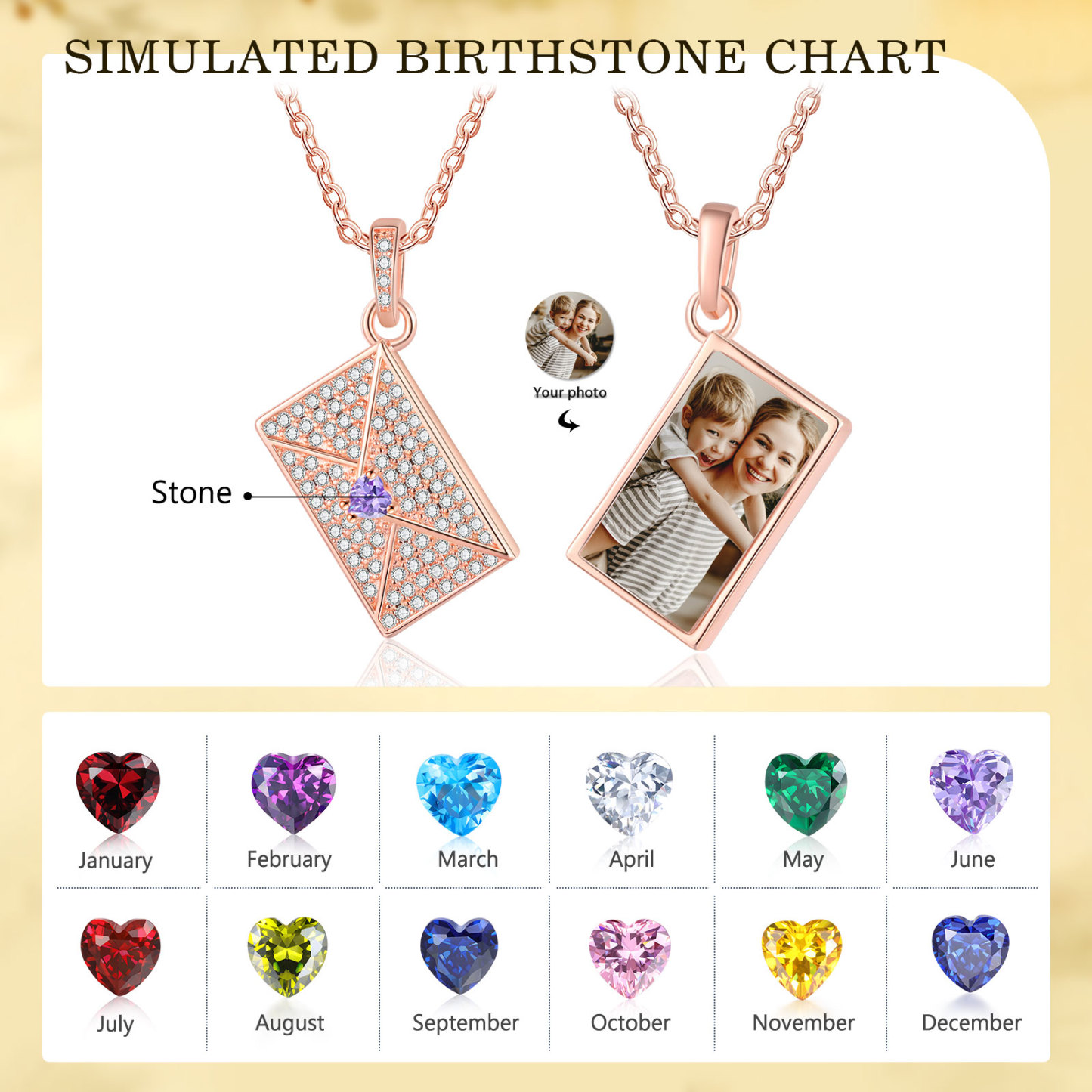 Personalised Envelope Pendant Necklace - Customised with 1 Photo & 1 Birthstone, Available in 4 Colours, Valentine’s Day Gift for Couple | Jessemade
