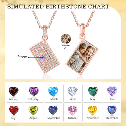 Personalised Envelope Pendant Necklace - Customised with 1 Photo & 1 Birthstone, Available in 4 Colours, Valentine’s Day Gift for Couple | Jessemade