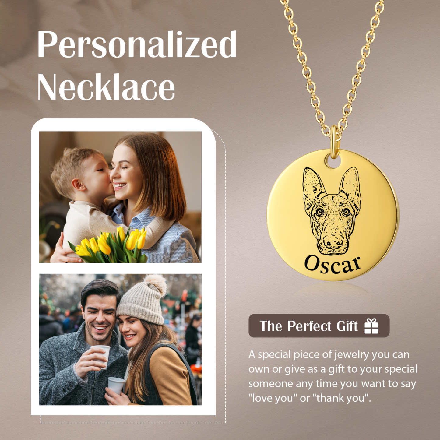 Personalised Pet Round Necklace Engraved Pets Face and Name Gift for Her | Jessemade
