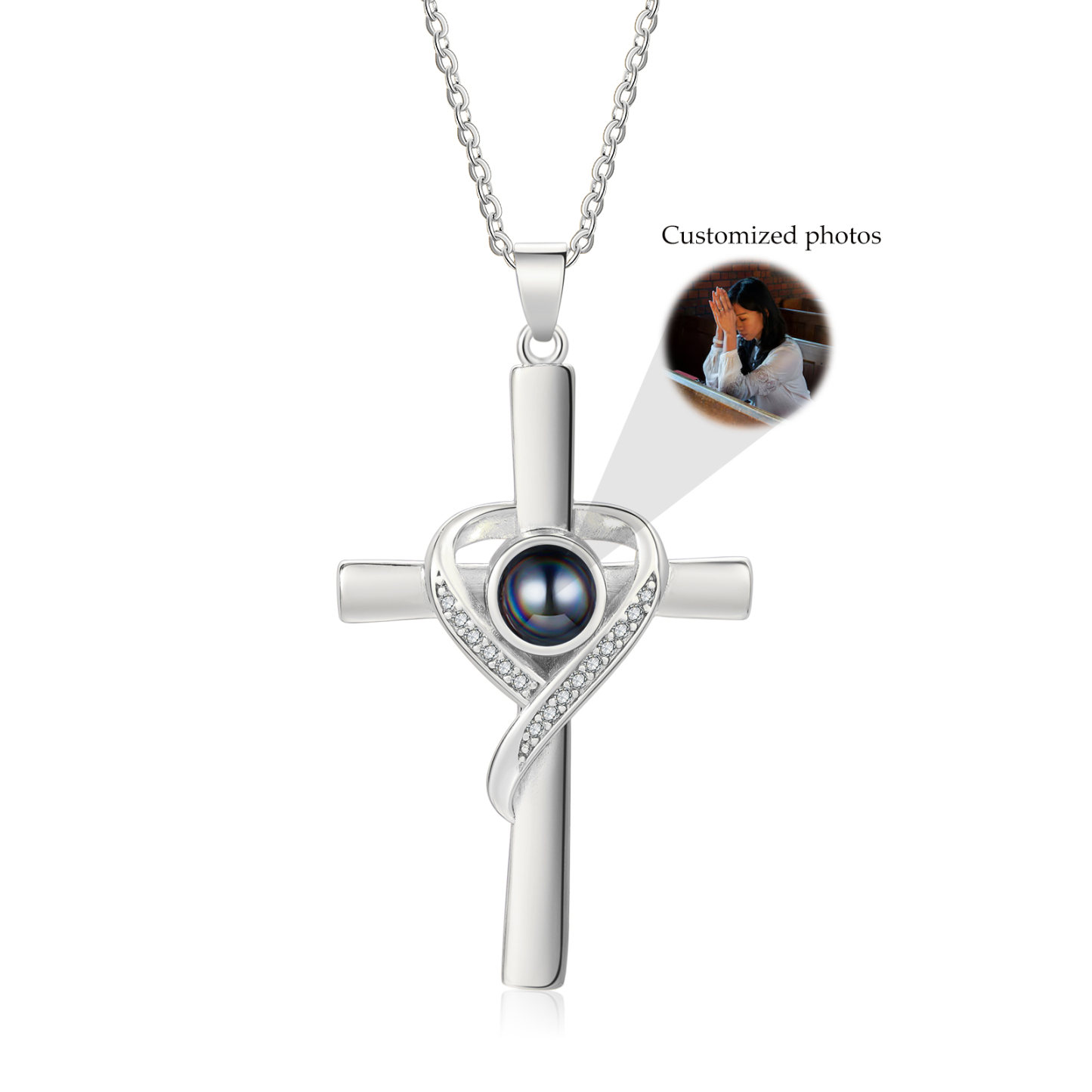 Personalised Cross Projection Necklace with Custom 1 Photo - Heart Design, Valentine’s Day Gifts for Her | Jessemade