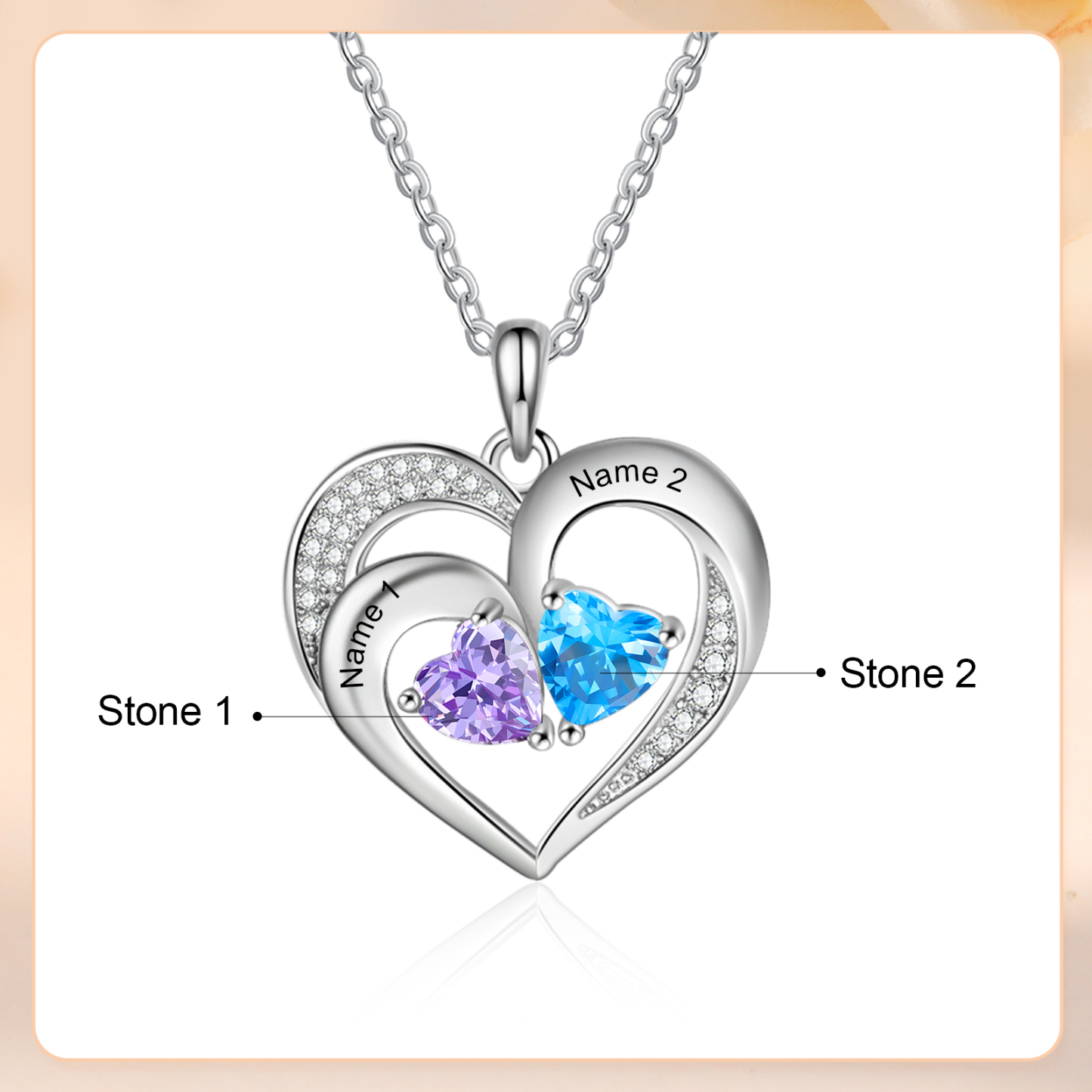 Personalized 925 Sterling Silver Necklace with Engraved 2 Names & 2 Birthstones – Meaningful Gift for Her | Jessemade