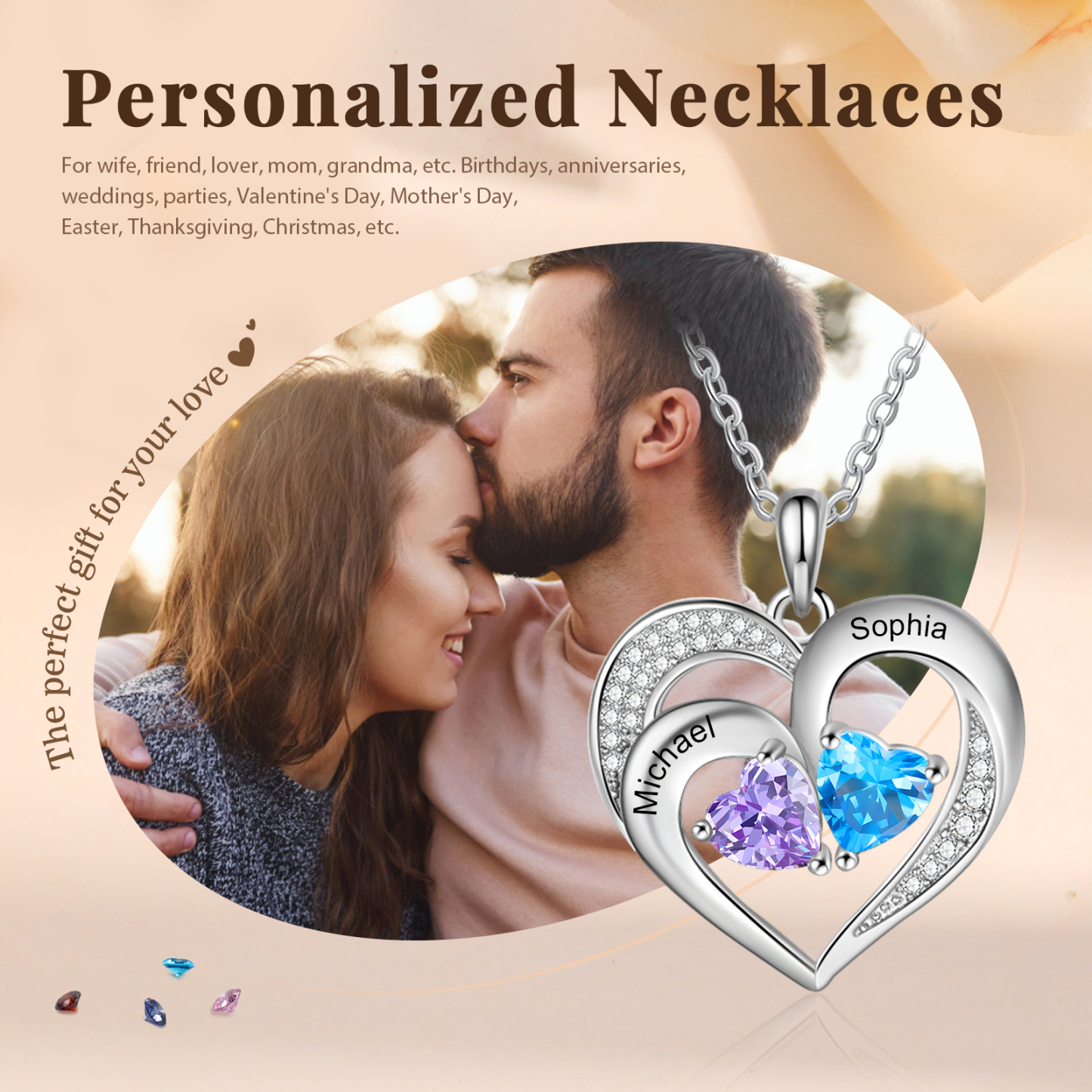 Personalized 925 Sterling Silver Necklace with Engraved 2 Names & 2 Birthstones – Meaningful Gift for Her | Jessemade