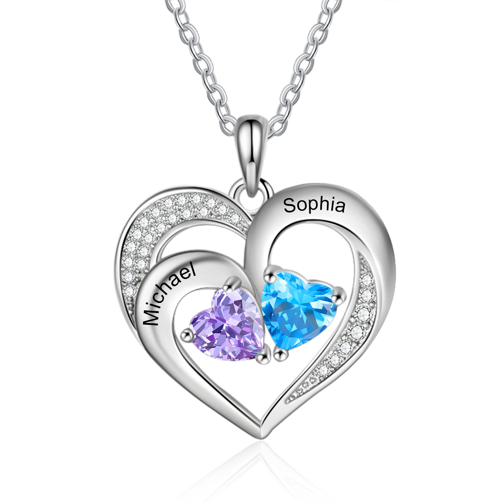 Personalized 925 Sterling Silver Necklace with Engraved 2 Names & 2 Birthstones – Meaningful Gift for Her | Jessemade